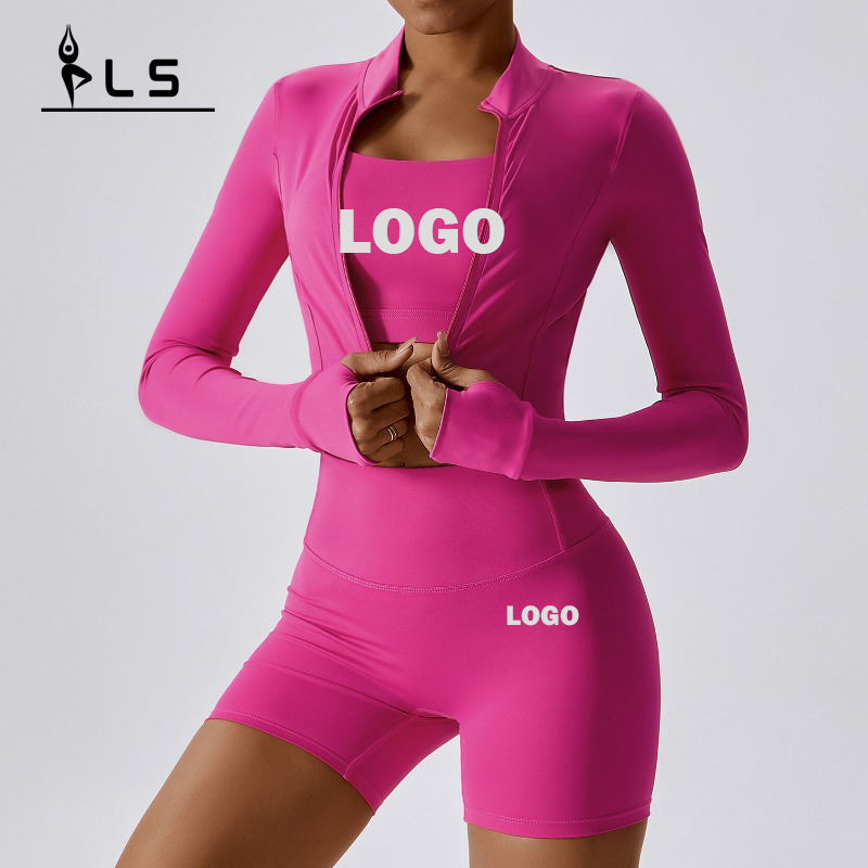 SC9273 Zipper dài tay áo Yoga Yoga Bộ quần short 3 mảnh áongực Bộ trang phục tập thể dục 3 mảnh mặc yoga cho phụnữ