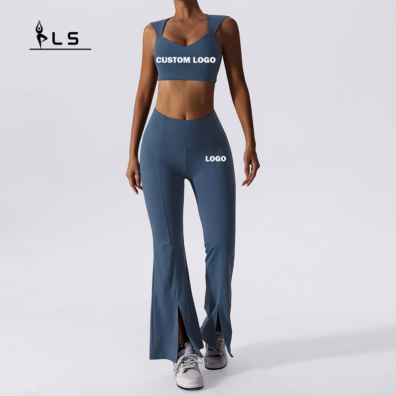 Solid Yoga Set Mujer Flare Leggings và bộ áongực tập thể dục tập luyện yoga tập yoga phù hợp với 2 miếng quần áo tập thể dục